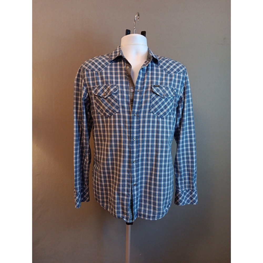 Diesel Men Slim Fit Short Sleeve Cotton Button Up Shirt Blue Flannel Pattern M